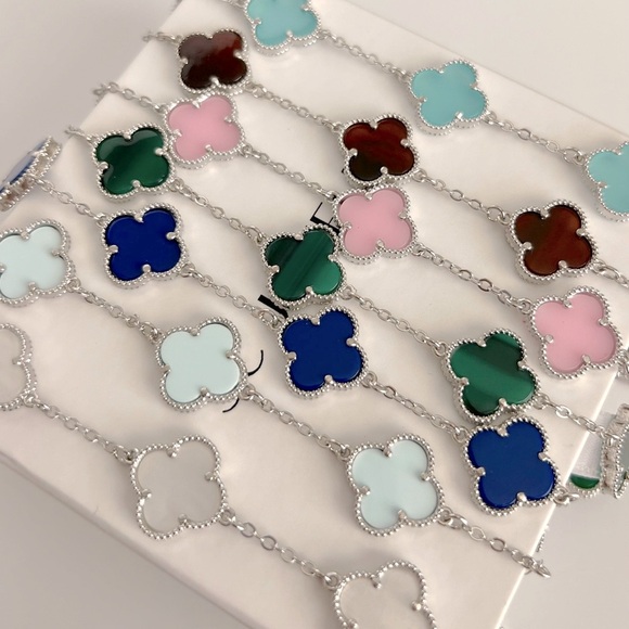 Hot Pink Clover Bracelet 5 Motif Double Sided Silver Chain - Picture 8 of 11